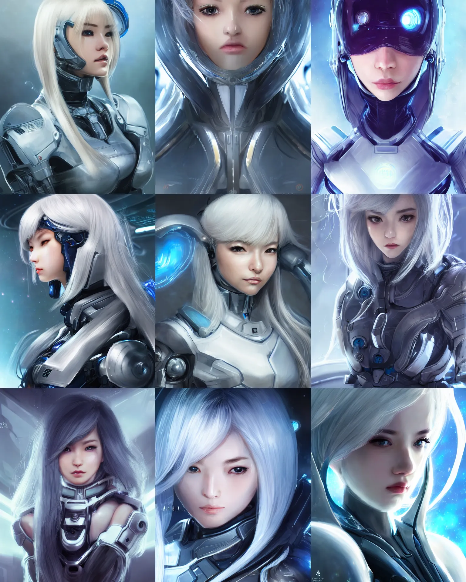 Image similar to detailed portrait of perfect android girl, warframe armor, beautiful face, scifi, futuristic, space station, laboratory, song hye - kyo, dreamy, long white hair, blue cyborg eyes, cinematic lighting, innocent, highly detailed, sharp focus, smooth, artstation, intricate, award winning, pure aura, divine, by akihiko yoshida