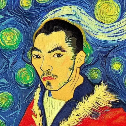 Prompt: an artistic portrait of armond of the white lotus, high quality, studio photography, colorful, hero, heroic, beautiful, in the style of vincent van gogh