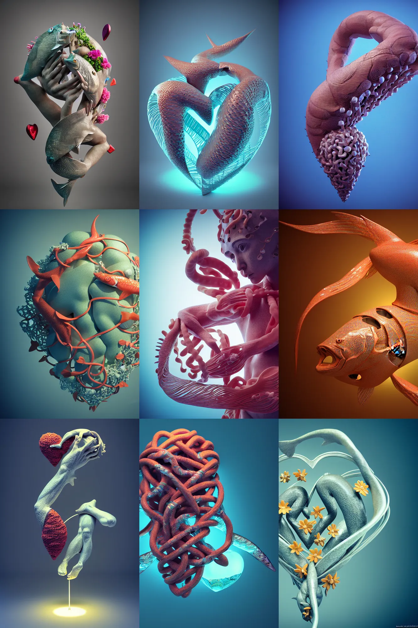 Prompt: a sculpture of fish ocean intertwined, diode lighting, a lovely cornucopia of flowers and human body parts, body parts, heart shaped, highly detailed, octane render, cinematic, shock, sharp focus, ball, an independent psycho, clean, studio lighting