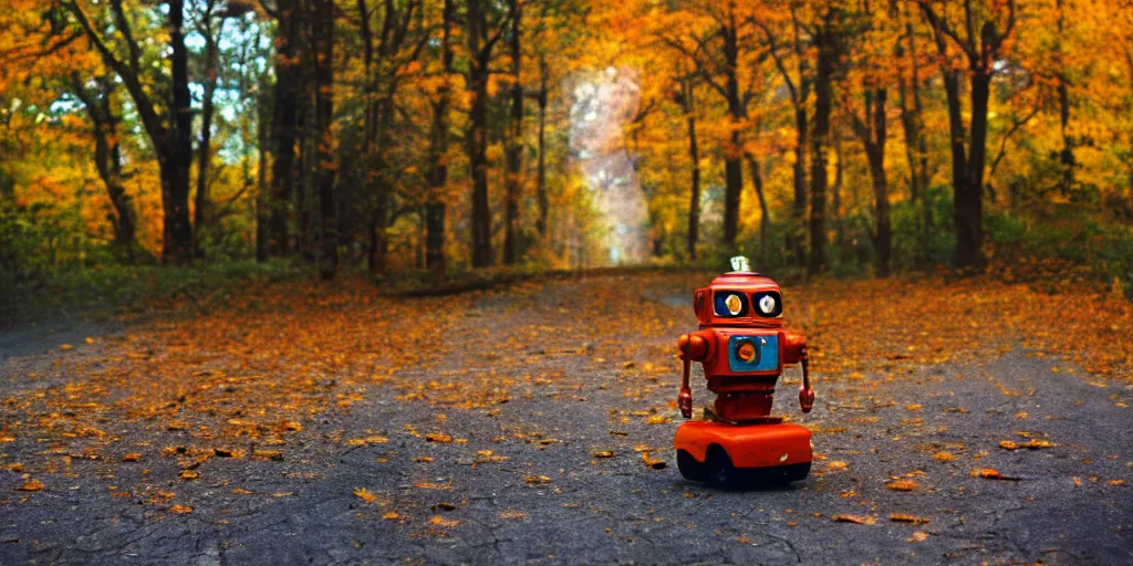 Image similar to small robot on forest road, 1970s photo, kodachrome, bokeh, autumn colors, backlit, long shot