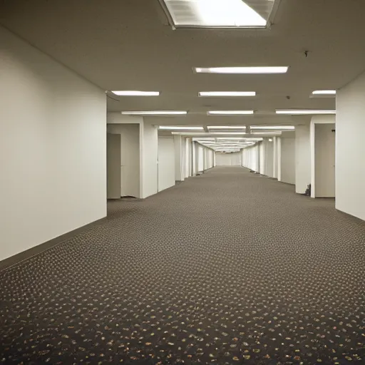 Prompt: the backrooms : an endless maze of randomly generated office rooms and other environments. it is characterized by the smell of moist carpet, walls with a monochromatic tone of dirty off - white, 1 9 8 0's style carpeted walls and buzzing fluorescent lights % 5 0 working, general sense of run down and abandonment, pee stains on walls