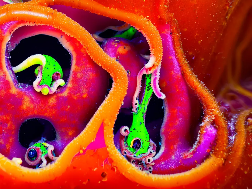 Prompt: a perfect portrait of a cross section of a squid with tiny humans burrowing wormlike through its juicy interior. macro extreme, eye popping wet colours.