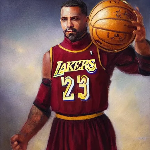 Prompt: full body portrait of saber from fate as the dictator of the los angeles lakers in full military garb, oil on canvas by william sidney mount, trending on artstation