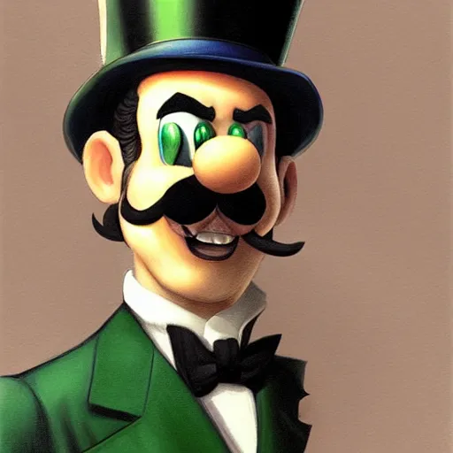 Prompt: luigi wearing a top hat, painted by wlop, artgerm