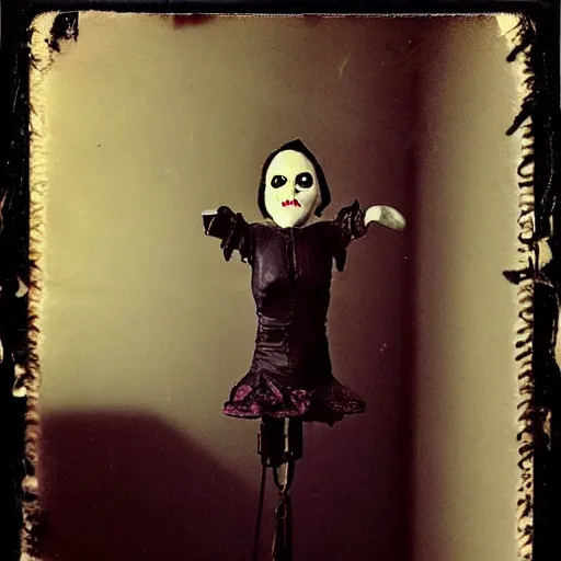 Prompt: female, unnerving, eerie, creepy marionette puppet, horrific, unnerving, clockwork horror, pediophobia, lost photograph, dark, forgotten, final photo found before disaster, polaroid,