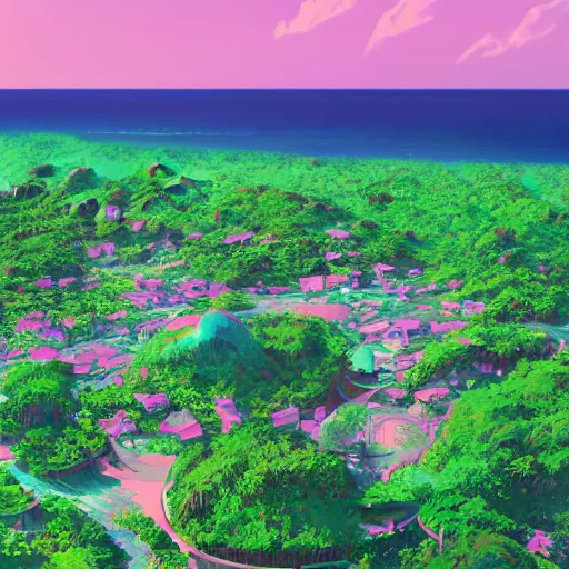 Image similar to a beautiful render of a pink, green, and blue island paradise from above by makoto shinkai, soft details, graphic art