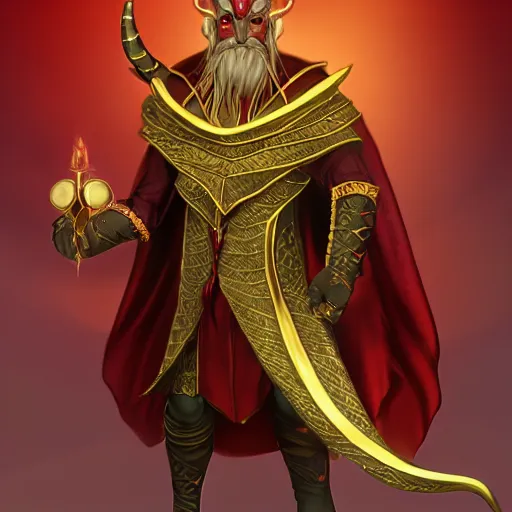 Image similar to dnd render of a male tiefling, red scales, a big black beard, completely golden eyes, 1 curved horn growing out of his forehead, one broken horn growing out of his forehead,