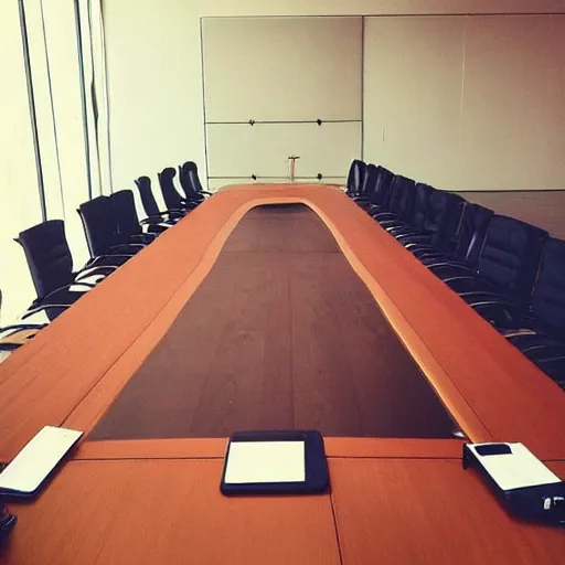 Prompt: “ dog at the head of a large conference table at a very intense meeting ”