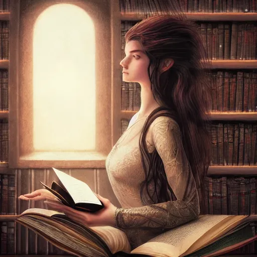 Prompt: by artgerm and agostino arrivabene, visually stunning, cinematic, ultra realistic, hyper realism, epic, octane render, unreal engine, vfx, a girl reading a book, old library, long hair, fungal enchanter, murloc tinyfin, dread infernal, wee whelp, battle ram