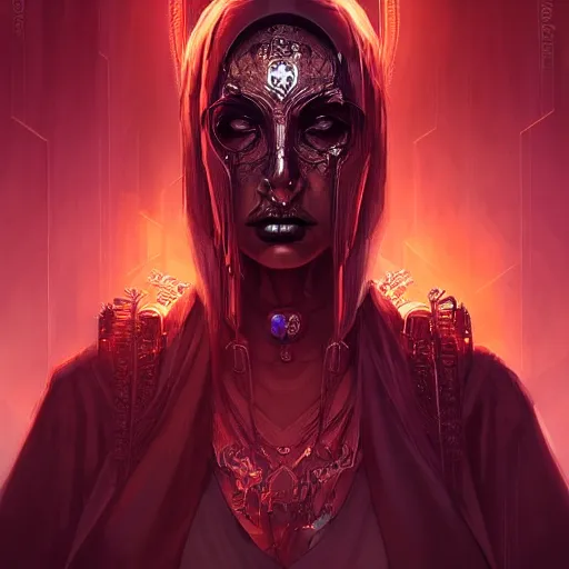 Image similar to queen of death. intricate portrait, occult cyberpunk, ancient futuristic, dark art, occult. by Petros Afshar, by artgerm, Eddie Mendoza