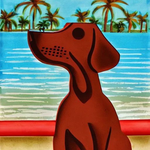 Prompt: a brown dog at the water park, art deco style