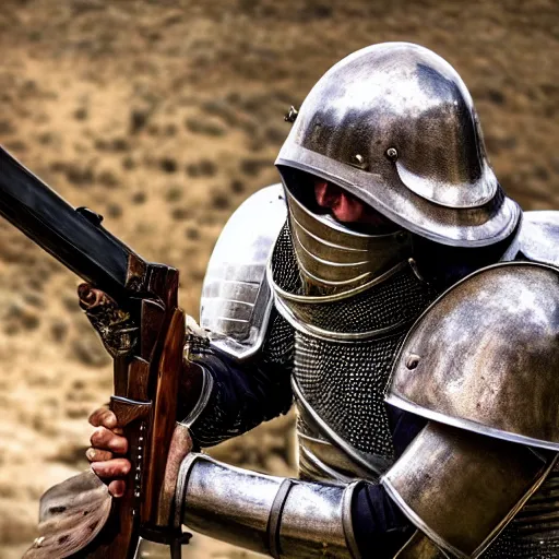 Image similar to a medieval knight in full armor, shooting an ak - 4 7. award winning national geographic photo.