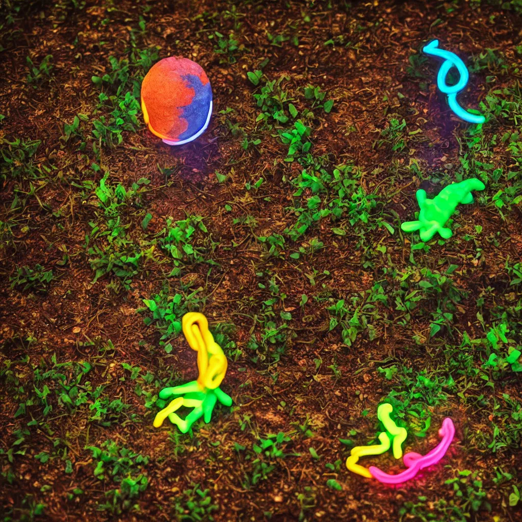 Prompt: plasticine god in the garden of eden, moonlight, neon specular, camera angled dramatically, psychedelic close up photograph, depth of field