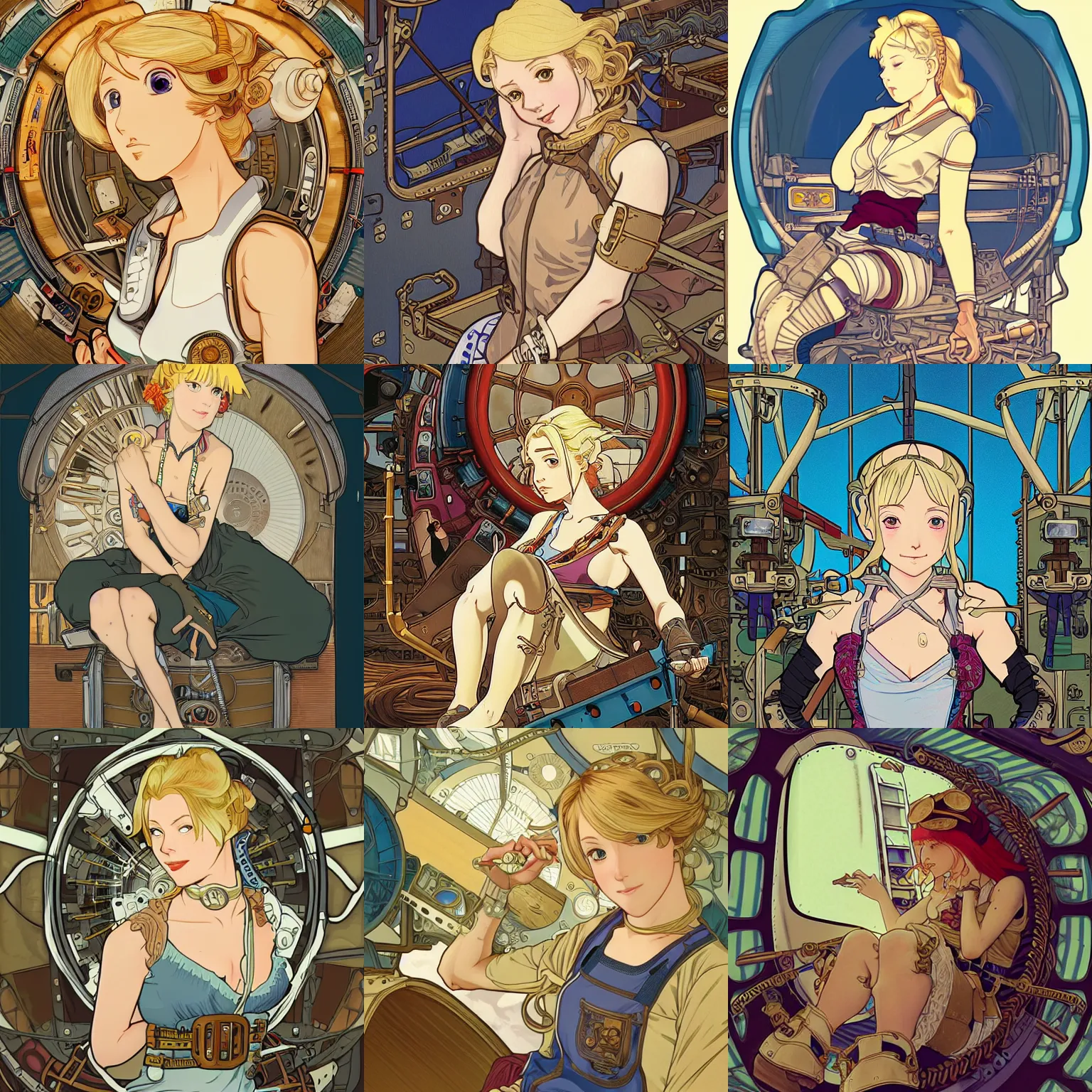 Prompt: Character portrait of a tank top-clad blonde female airship mechanic resting in her cramped bunk, steampunk, beautiful face, intricate detail, illustration, anime still, vibrant shading, by Hayao Miyazaki and Disney Animation, Alphonse Mucha and Ilya Kuvshinov