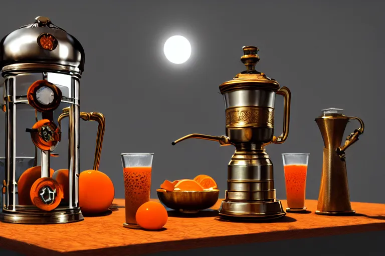 Image similar to a very detailed concept art clockwork orange samovar, trending on artstation, digital art, 4 k, hyper realistic, octane render, sharp focus