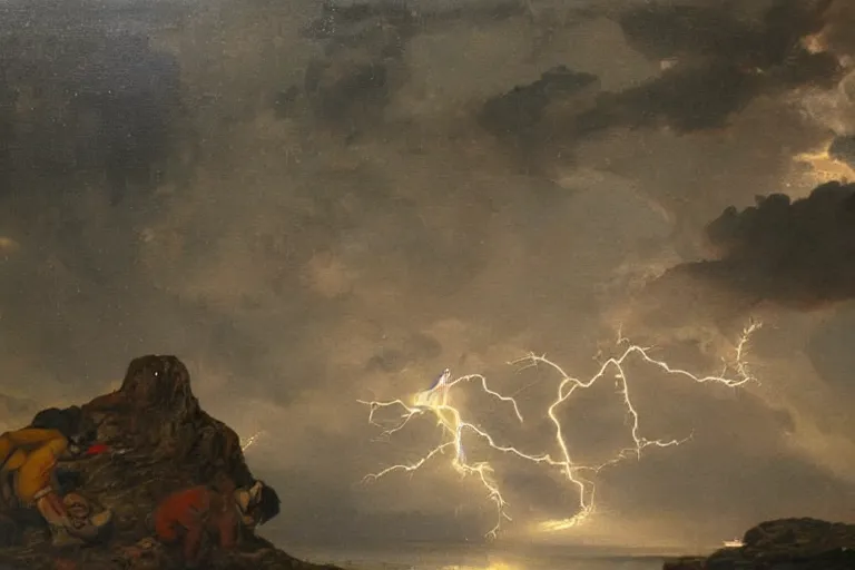 Image similar to a bereaved artist as his canvas gets struck by lightning, oil painting, extremely detailed, museum art