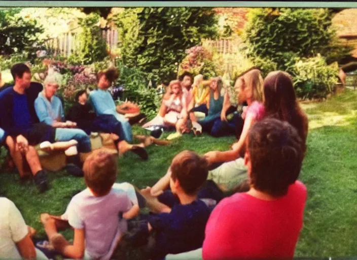 Image similar to Home video footage, Color VHS picture quality with mixed noise, Filmed by dad. Home party in the garden.