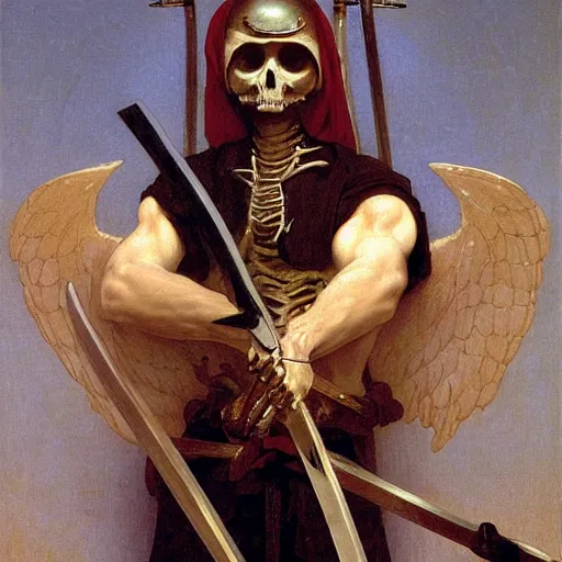 Image similar to portrait of a skeleton archer with big sword, wearing helmets and armor with wings, symmetrical, solemn, sacred, aura, by bouguereau