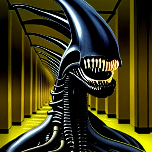 Image similar to black glossy xenomorph, alien movie, endless empty office building, pale yellow wallpaper, moist brown carpet, dim fluorescent lighting, artstation, ultra detailed, creepy, dramatic lighting, photorealistic, art by h. r. giger