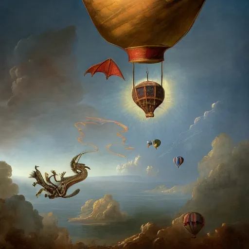 Prompt: baroque painting of a hot air balloon being attacked by a medieval flying dragon, extremely detailed, render, 4K