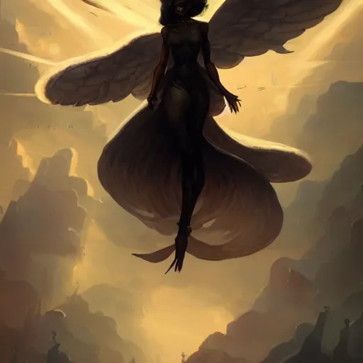 Prompt: made bypeter mohrbacher, a black female angel hovering in the sky, dystopian background, ultra realistic, 4 k, detailed, concept art, fantasy, deviantart, intricate, masterpiece, award winning,