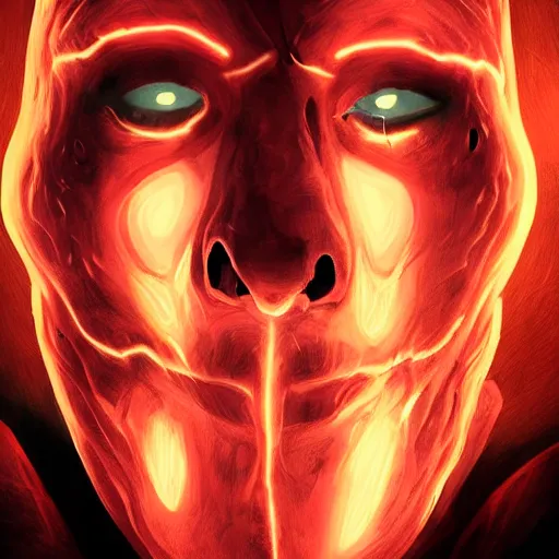 Prompt: portrait of an intimidating glowing scary giant, face and skin is dark red, glowing eyes, glowing veins of white, hero, villain, concept art