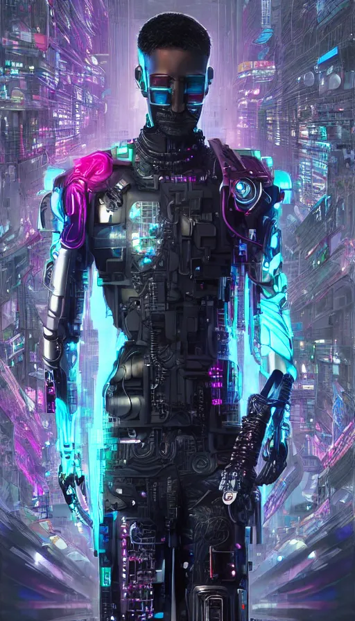 Prompt: full body head to toe portrait of a cyberpunk sci-fi cyborg netrunner bionic man, third person, D&D, sci-fi fantasy, matrix , intricate, black with shiny silver and pink fringe highlights, highly detailed, art by Range Murata, highly detailed, 3d, octane render, bright colors, digital painting, trending on artstation, sharp focus, illustration style of Stanley Artgerm, dramatic background