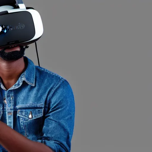 Image similar to A black man with black hair wearing a vr headset, smiling, realistic, ultra HD