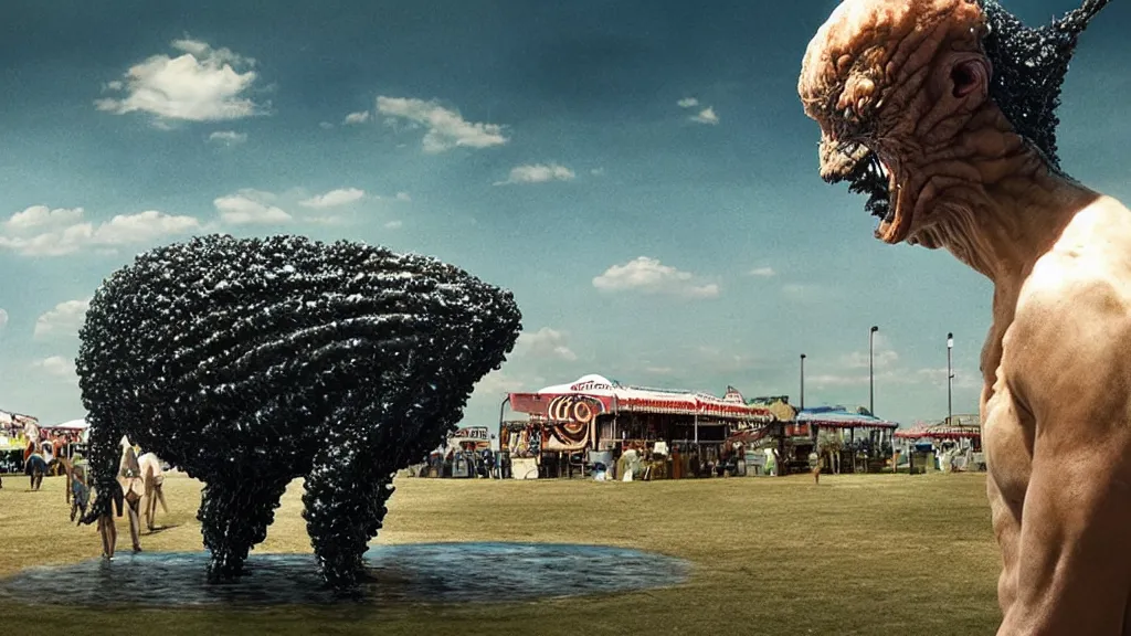 Prompt: the strange creature at the county fair, made of water and oil, film still from the movie directed by Denis Villeneuve with art direction by Salvador Dalí, wide lens