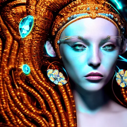 Image similar to unreal engine, octane render, 8 k, sandro botticelli portrait of egyptian sumerian goddess princess intergalactica, nautical siren, lady of elche, queen of heaven, techno mystic goddess, with aqua neon dreadlocks, teal eyebrows encrusted with diamonds, wearing iris van herpen haute couture, star - gate of futurisma,