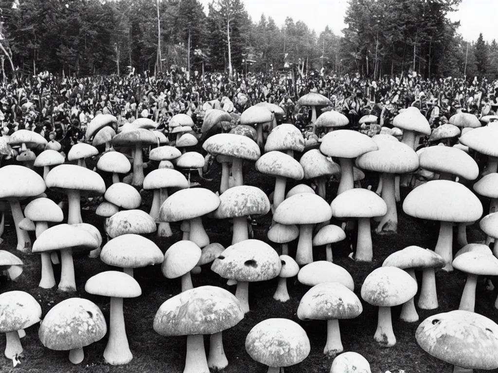 Image similar to 70s photo of giant mushrooms at trippy psychedelic hippy festival Woodstock stage show