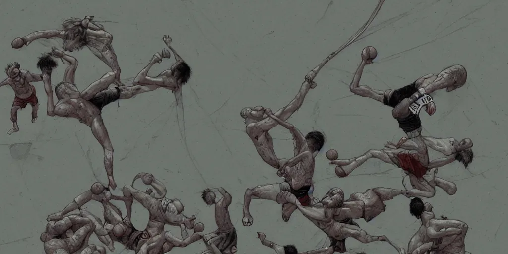 Prompt: digital illustration of mixed martial arts and basketball by john kenn mortensen, indi sulta, beksinski, nicola samor, highly detailed, abstract, intricate, studio ghibli color scheme