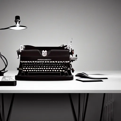 Image similar to painting of a typewriter on a desk in a dimly lit room, volumetric lighting, style of greg rutkowski