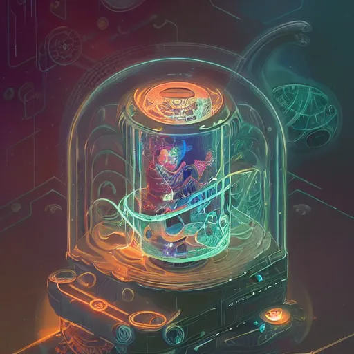 Image similar to intricate holographic ghost in the machine pices fish made of microcircuitry and transistors in a glowing deap sea by peter mohrbacher and dan mumford, trending on artstation, cgsociety 4 k