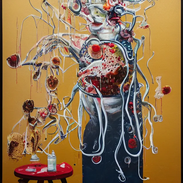 Prompt: a portrait in an elevator, a woman holding pancakes, honey dripping, berries dripping, scientific instruments, ikebana, octopus, neo - expressionism, surrealism, acrylic and spray paint and oilstick on canvas