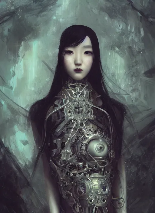 Image similar to portrait of a sensual cybernetic korean goth girl, inagi, modern fine art, fractal, intricate ornaments, elegant, highly detailed, digital photography, subsurface scattering, by jheronimus bosch and greg rutkowski,