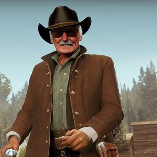 Prompt: Film still of Stan Lee, from Red Dead Redemption (2018 video game)