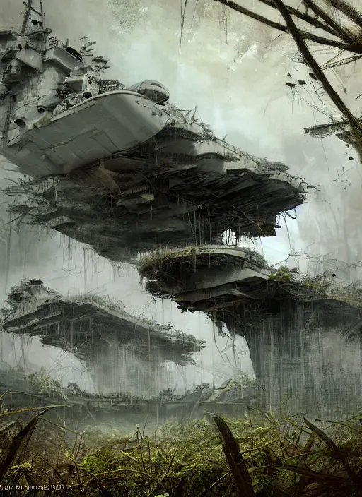 Image similar to decayed aircraft carrier USS Nimitz laying on the ground of a tropical forest, overgrown with vegetation, rust, hanging vines, post appocalyptic, by Luis Royo, by Greg Rutkowski, dark, gritty, intricate, cover illustration, concept art, volumetric lighting, volumetric atmosphere, sharp focus, octane render, trending on artstation, 8k