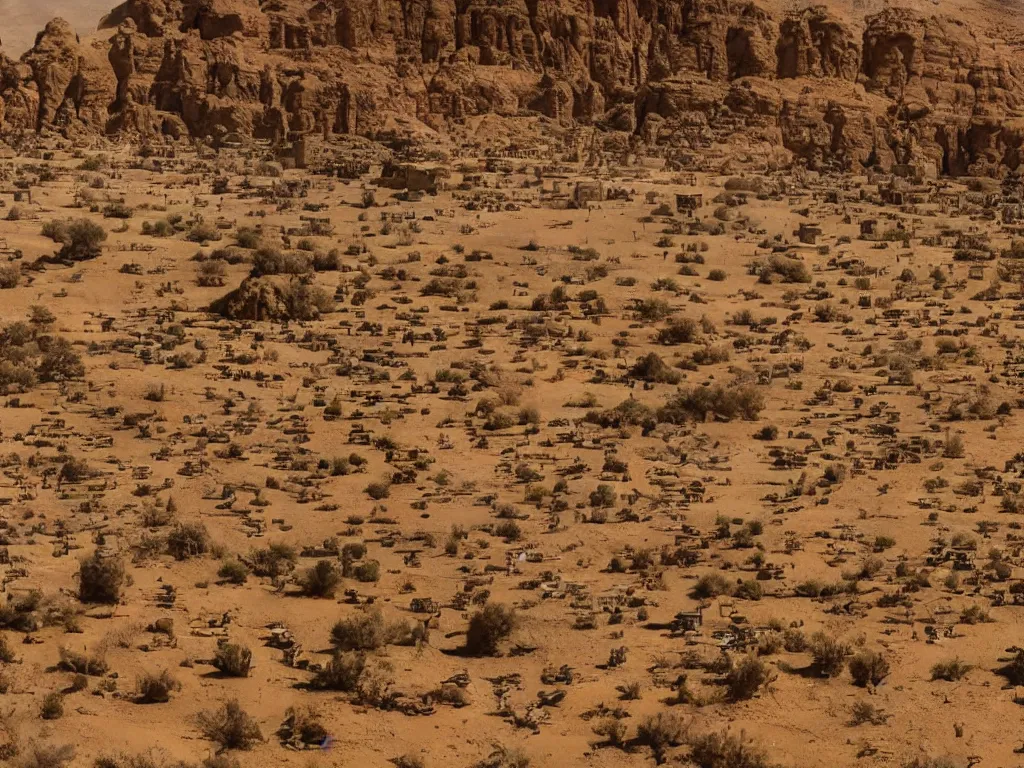 Prompt: the line of bene gesserit people in full - face golden glowing masks in a dry rocky desert landscape with ancient abandoned city beneath the sand,!!!!!! giant alien spaceship in the sky!!!!!! by christopher doyle and alejandro jodorowsky, anamorphic lens, kodakchrome, cinematic composition, very detailed photo, 8 k,