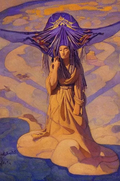 Image similar to spirit of high Summer, by Nicholas Roerich and Annie Swynnerton and Sidney Harold Meteyard, dramatic cinematic lighting , ornate headdress , flowing robes, sacred artifacts, lost civilizations, smooth, sharp focus, extremely detailed