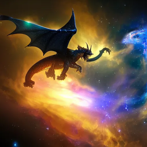 Image similar to dramatic render of a galaxy dragon flying through a space nebula, cgsociety, artstation, 4k