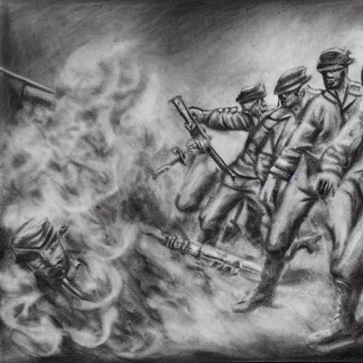 Image similar to charcoal sketch of german WW1 soldiers fighting zombies with flame throwers