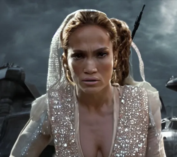 Prompt: a movie still of jennifer lopez as princess leigha in the movie star wars