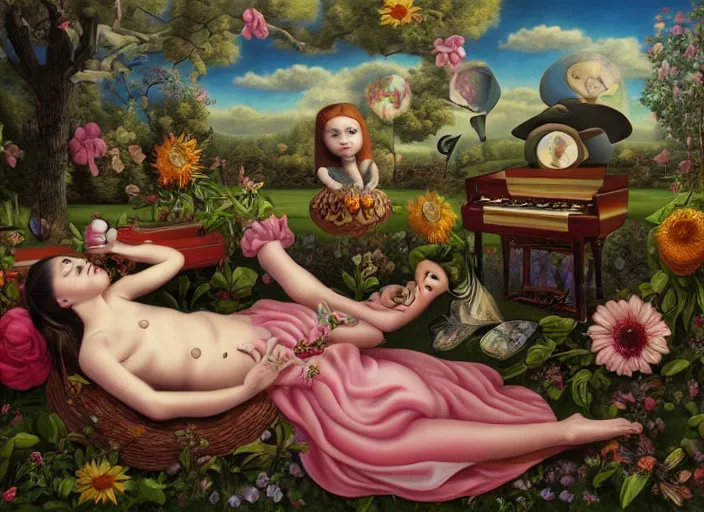 Image similar to 🌻🎹🎼, lowbrow in the style of camille rose garcia and mark ryden and salvador dali, 8 k, matte painting,