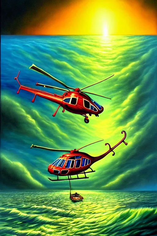 Image similar to a hyperrealistic painting of a helicopter being dragged into the water be sea creature, cinematic horror by chris cunningham, lisa frank, richard corben, highly detailed, vivid color,