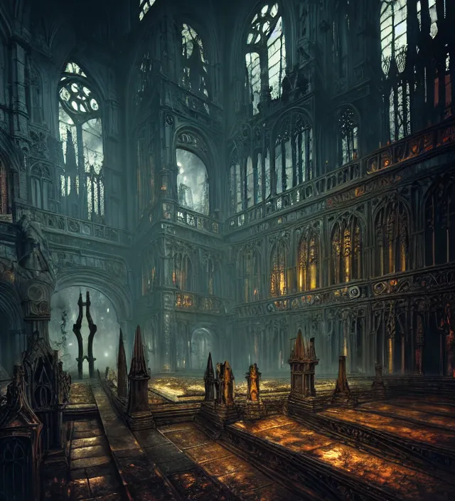 Image similar to steam necropolis, memento mori, gothic, neo - gothic, art nouveau, hyperdetailed copper patina medieval icon, stefan morrell, philippe druillet, ralph mcquarrie, concept art, steampunk, unreal engine, detailed intricate environment, octane render, moody atmospherics, volumetric lighting, ultrasharp, ominous, otherworldly