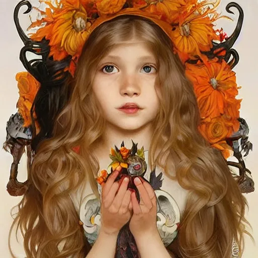 Prompt: a happy little girl with long straight golden blonde hair sitting amidst halloween decor, skulls and pumpkins. beautiful highly detailed face, beautiful painting by artgerm and greg rutkowski and alphonse mucha