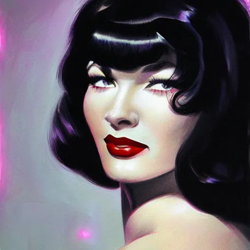 Image similar to portrait of bettie page, intricate, elegant, glowing lights, highly detailed, digital painting, artstation, glamor pose, concept art, smooth, sharp focus, illustration, art by frank frazetta, william mortensen, arny freytag