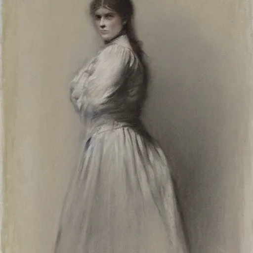 Image similar to portrait of a young action heroine, white dress, by alfred stevens in charcoal