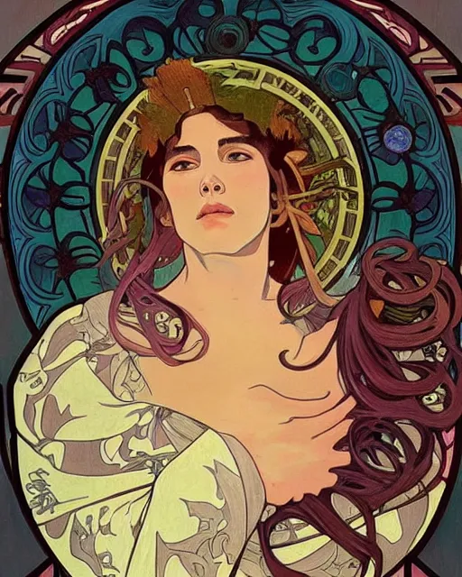 Image similar to a portrait painting of ( ( ( benicio del toro ) ) ) in the style of alphonse mucha!!!